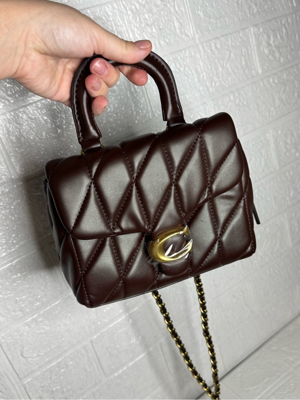 Coach Tabby Quilted Mini Top-Handle Bag in Dark Brown with Gold Hardware
